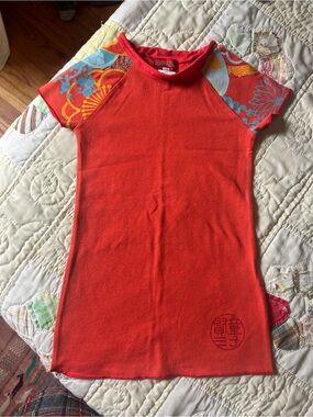 Kenzo Kids Bright Red Short Sleeve Tee with Floral Accent Sleeves